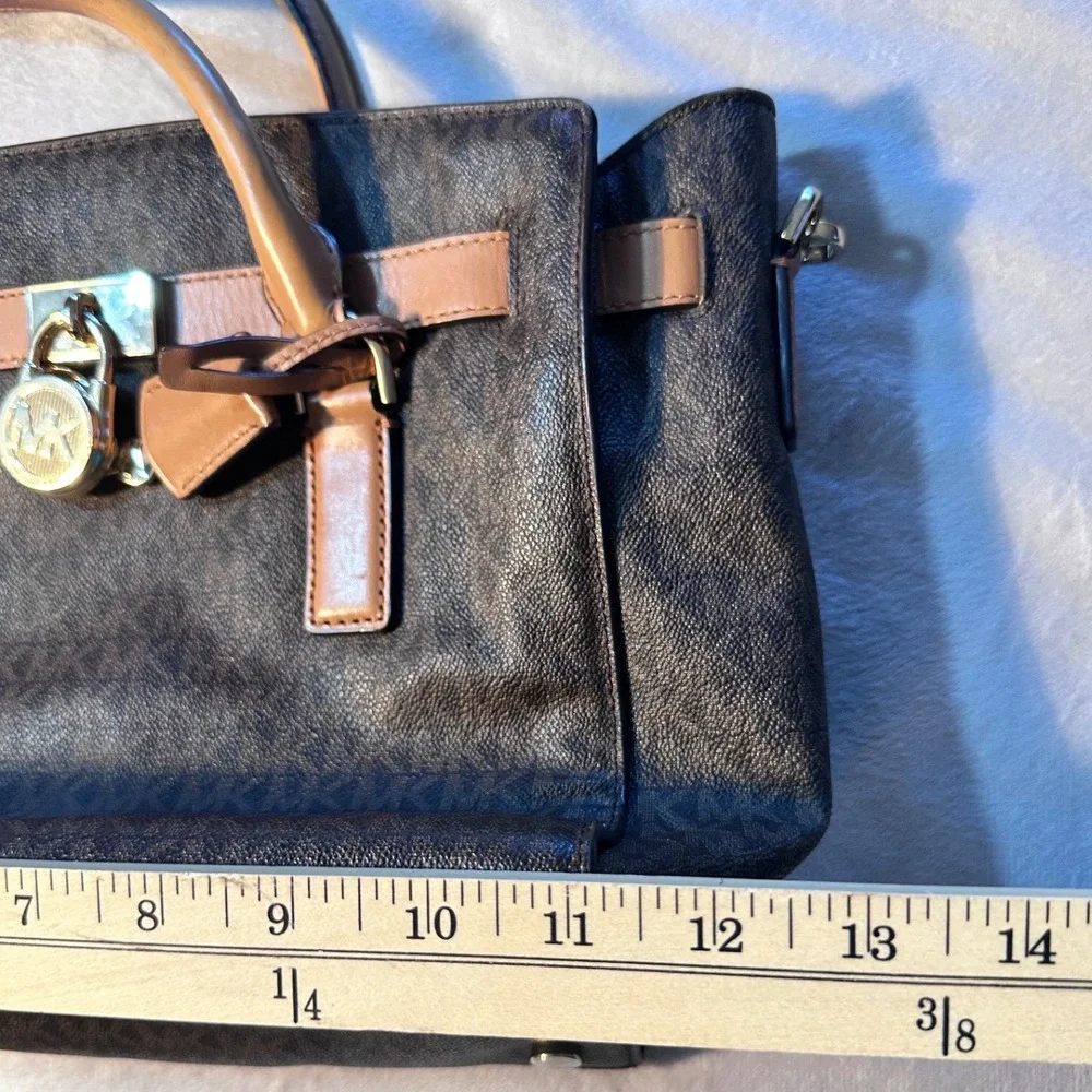 Michael Kors Hamilton Satchel Brown Logo Canvas Leather Trim Gold Hardware
